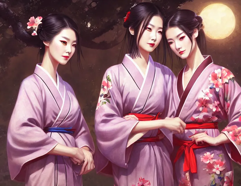 Image similar to two beautiful fashion taiwan girl wear elegant yukata in festival | | big eyes, summer night, realistic shaded, smile, good looking, fine details, 4 k realistic, cryengine, realistic shaded lighting poster by greg rutkowski, magali villeneuve, artgerm, jeremy lipkin and michael garmash and rob rey