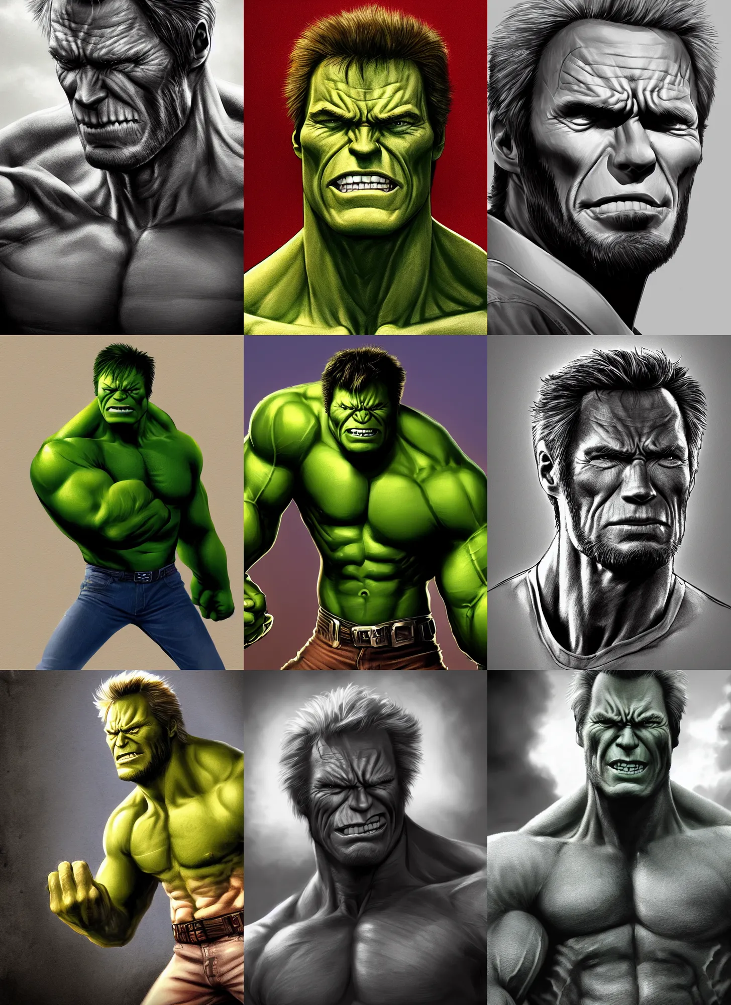 Prompt: character portrait of Clint Eastwood playing the Hulk, digital art, trending on artstation, 4k