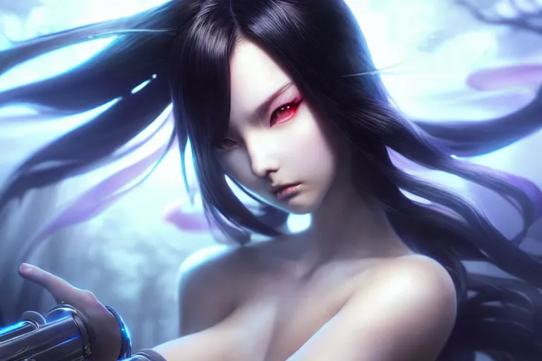 Image similar to extremely beautiful aesthetic girl with ego weapons, black long hair, occlusion shadow, specular reflection, rim light, unreal engine, octane render, artgerm, artstation, art by hiroaki samura and jiro matsumoto and yusuke murata, high quality, highly detailed 8 k, fantasy illustration, beautiful shape of face and body, epic scene