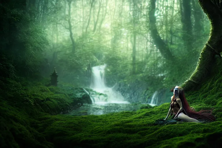 Image similar to a cinematic, fantasy, headshot portrait, of an elden ring elf, fairy lights, background of a vast shrubbery forest, with trees and waterfalls, detailed, deep focus, movie still, dramatic lighting, ray tracing, by michal karcz and yoshitaka amano