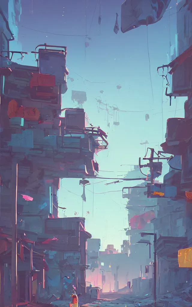 Image similar to an alley at street level in an abandoned city in a fantastic landscape against a ridiculous sky by Anton Fadeev and Simon Stålenhag