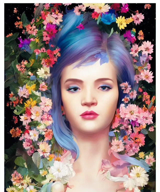 Image similar to half - electricity woman, white and multicolored hair, surrounded by flowers, cosmic background, with cute - fine - face, pretty face, realistic shaded perfect face, fine details by realistic shaded lighting poster by ilya kuvshinov katsuhiro otomo, magali villeneuve, artgerm, jeremy lipkin and michael garmash and rob rey