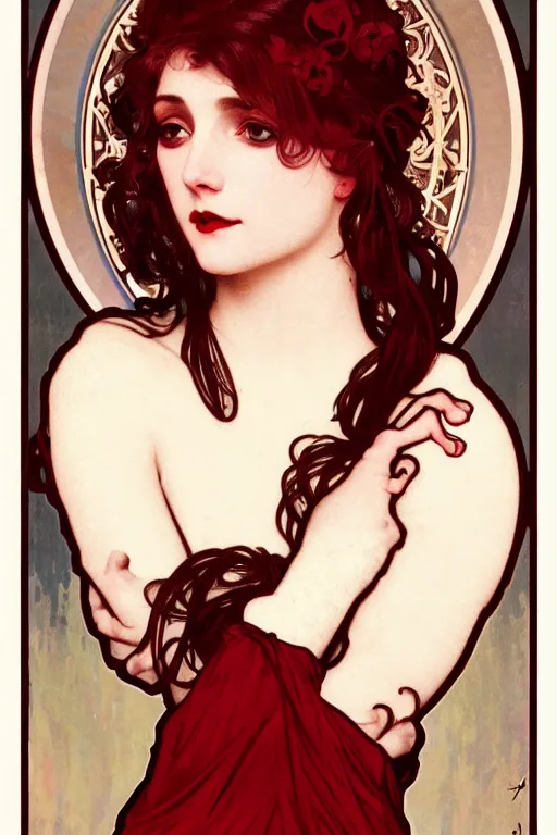 Image similar to A close-up portrait of a cute goth girl wearing a dark red dress by Alphonse Mucha, art nouveau card, wlop, trending on artstation, 8k