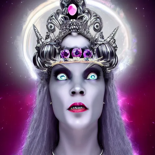 Image similar to realistic rococo style alien witch goddess queen with crystal gems crown sharp focus 8 k