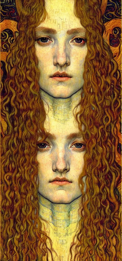 Image similar to detailed realistic beautiful young medieval queen face portrait by jean delville, gustav klimt and vincent van gogh, art nouveau, symbolist, visionary, gothic, pre - raphaelite, muted earthy colors, desaturated