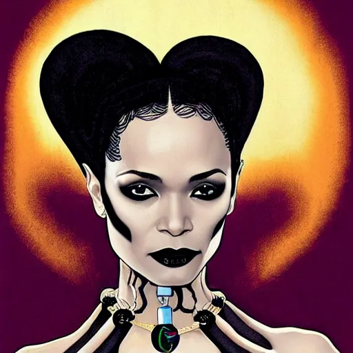 Image similar to thandiwe newton as the comic book character, death, a young and beautiful pale goth girl wearing a black vest and black punk hair, an ankh medallion hangs around her neck. dramatic makeup, the actress thandiwe newton, comic art portrait by joshua middleton and coles phillips, kandinsky,