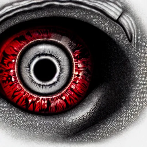 Image similar to a detailed extremely close up of inside the iris, cornea, red image, microscopic, extremely close up drawing by junji ito, cgsociety, generative art, lovecraftian, parallax, cosmic horror, extremely detailed, hyperrealism, unreal engine, octane render, award winning, masterpiece, highly detailed, realistic, 4 k, digital