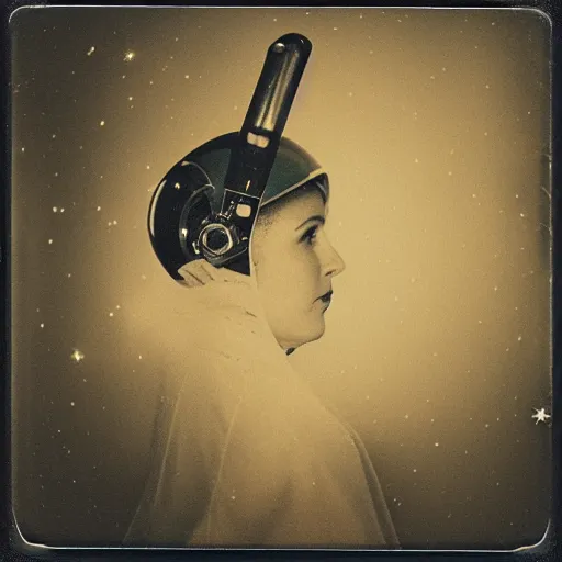 Image similar to a polaroid portrait of a beautiful woman wearing a space helmet, starry background, bokeh, lit from behind, heavy film grain, color bleed