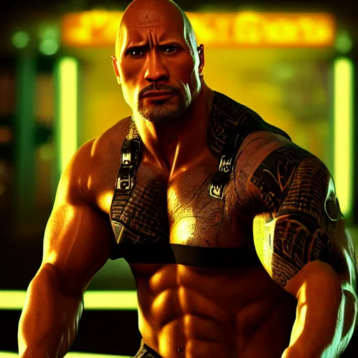 Image similar to dwayne johnson portrait, cyberpunk 2 0 7 7, photorealistic, ultra detailed, neon, octane, bokeh, cinematic lighting, cyber, cyberpunk city, studio quality, feature, scars, cyberface, 8 k