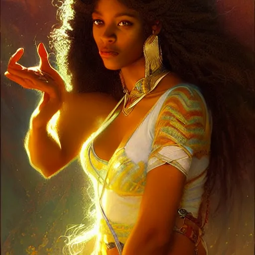 Image similar to young black woman, goddess of light, long flowing hair, smug expression, highly detailed painting by gaston bussiere, craig mullins, j. c. leyendecker 8 k