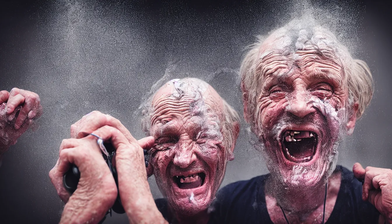 Image similar to hyper realistic photo in call centre, a celtic weathered old man, aesthetic! women, laughter and screaming face, feedback loop, burst of powders, spraying liquid, volumetric lighting, twisting vapour, bellowing dust, full colour, upscale, 8 k