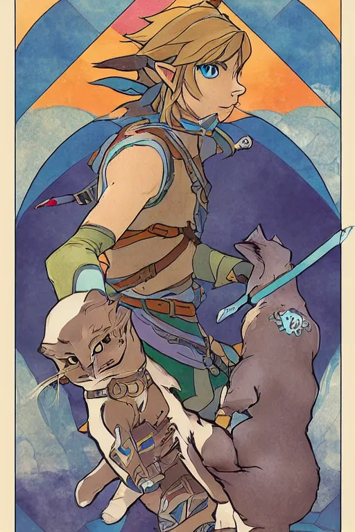 Image similar to link from The Legend of Zelda: Breath of the wild playing with a cat by and mucha,geometric shapes, hard edges ,Visual Communication Design