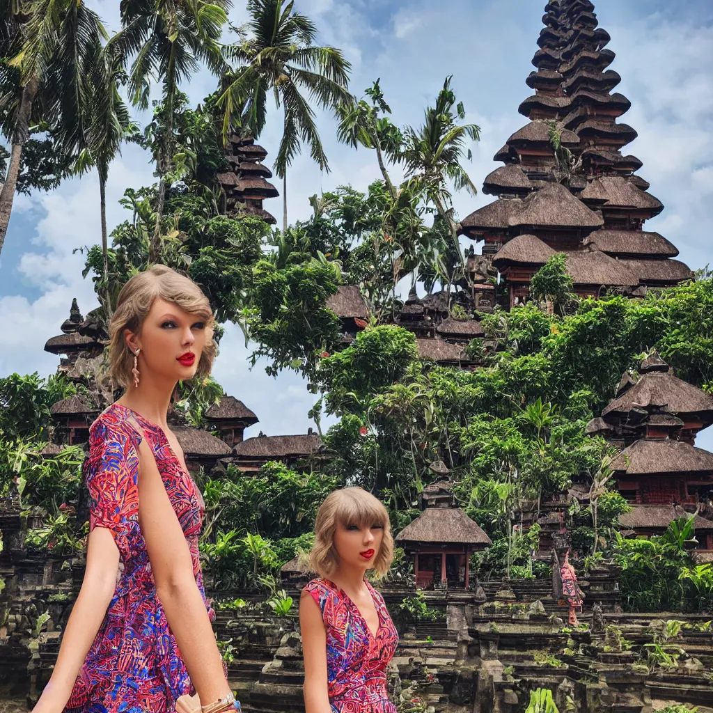 Prompt: taylor swift wearing batik bali in bali. temple background. front view. instagram closeup holiday photo shoot, closeup, 1 0 mm