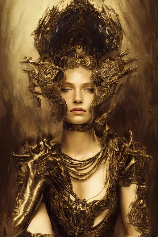 Image similar to portrait of a beautiful 20-year-old woman by Mario Testino, Dark Souls 3 themed, in style of Ruan Jia, insanely detailed and intricate, golden ratio, elegant, ornate, luxury, elite, matte painting, cinematic, cgsociety, James jean, Brian froud, ross tran, Laputa