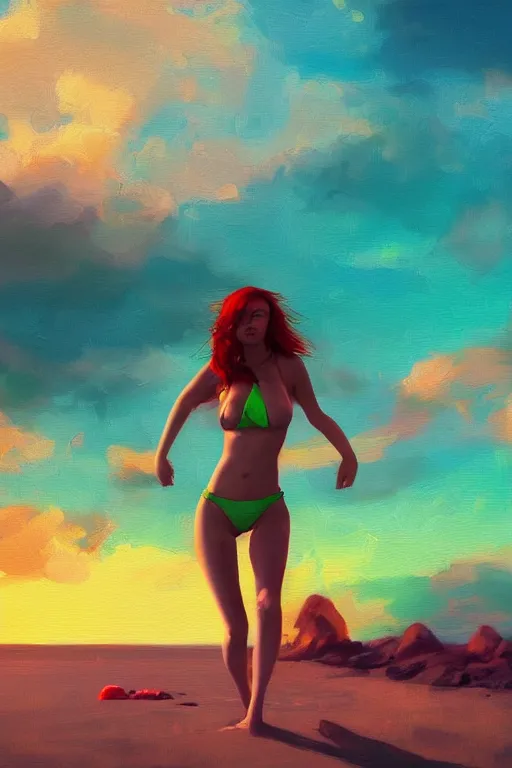 Image similar to red haired girl, green bikini, beach surreal photography, sunrise, dramatic light, impressionist painting, colorful clouds, digital painting, artstation, simon stalenhag raytracing