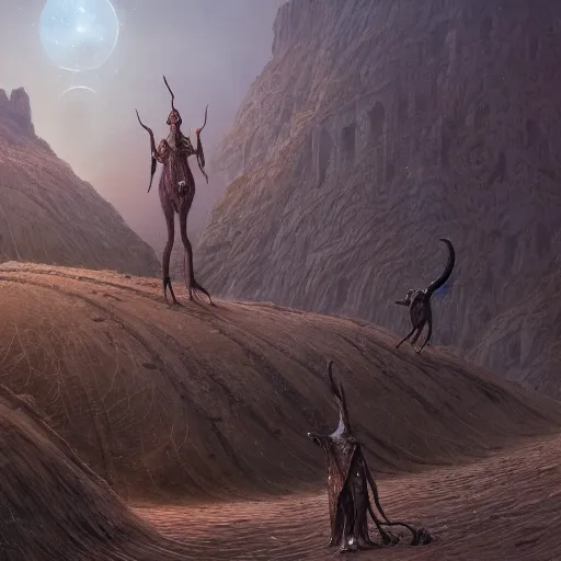 Prompt: A detailed matte painting of an anthropomorphic ant queen standing on her hind legs, stars in the background, formian pathfinder, digital art 4k, Wayne Barlowe Greg Rutkowski