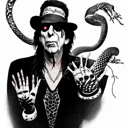 Prompt: graphic illustration, creative design, alice cooper as a snake, biopunk, francis bacon, highly detailed, hunter s thompson, concept art