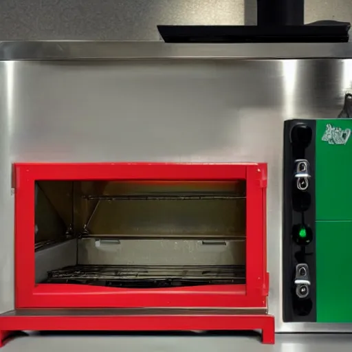 Image similar to white red and green evangelion unit 02 in front of a pizza oven making pizza