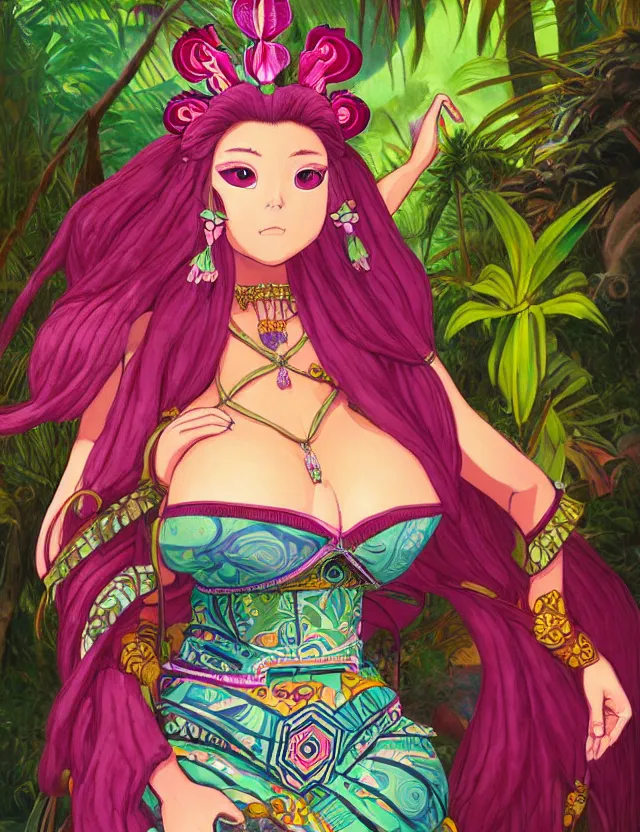 Image similar to plump aztec scifi princess of the orchid rainforest, wearing a lovely dress. this oil painting by the award - winning mangaka has an interesting color scheme, plenty of details and impeccable lighting.