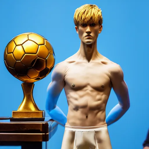 Image similar to a realistic detailed photo of a guy who is an attractive humanoid who is half robot and half humanoid, who is a male android, soccer players martin ødegaard, shiny skin, posing like a statue, blank stare, in a museum, on display, showing off his muscles, gold soccer shorts, ground view, porcelain statue