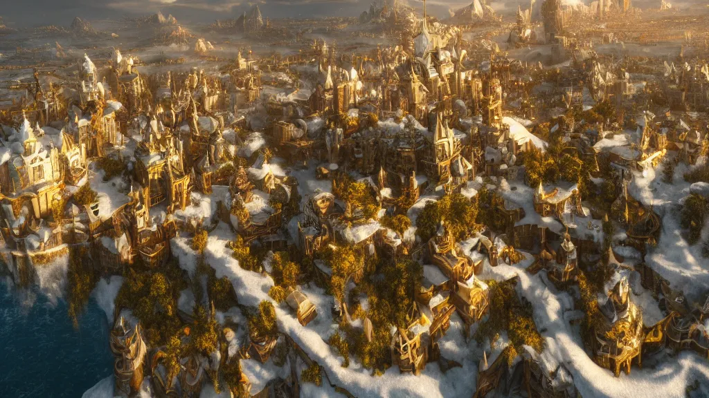 Prompt: a snow white and golden city flying with a floating island, sky island, white, pure white and gold, fantasy artwork, very very very beautiful scenery, hd, hdr, ue5, ue6, unreal engine 5, cinematic 4k wallpaper, 8k, ultra detailed, high resolution, artstation, award winning