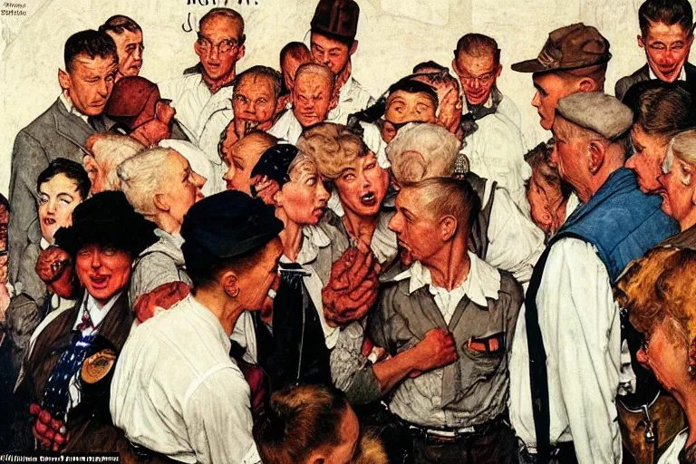 Image similar to a norman rockwell painting of a group of pro - lesbian lgbt activists making a stand in front of a russian super - max prison