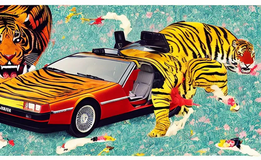 Image similar to a red delorean with a giant yellow tiger, art by hsiao - ron cheng and utagawa kunisada in a magazine collage, # de 9 5 f 0