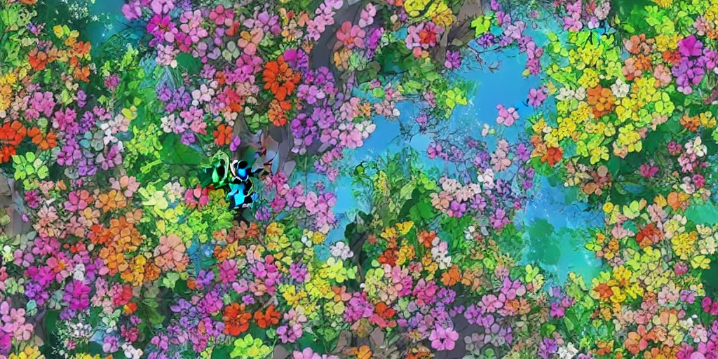 Image similar to a beautiful landscape of multi coloured flowers, trees and bushes. Anime style.