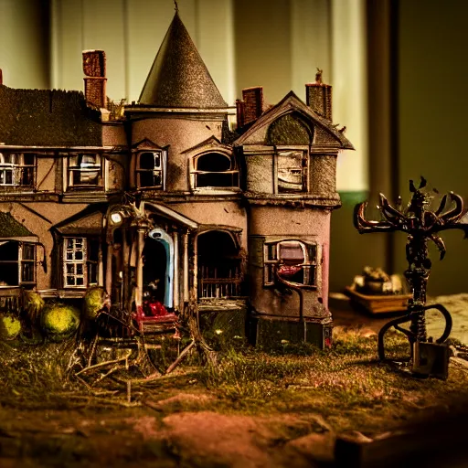 Image similar to 90mm f/2.8 macro photo of a haunted house diorama by tim burton