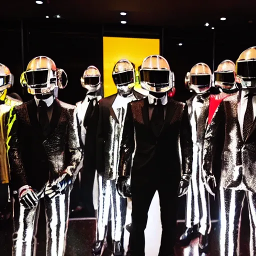 Image similar to a photo of a parade of people dressed in Daft Punk Helmets and Daft Punk Suits, 8k, dramatic lighting
