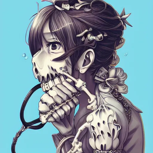 Prompt: anime manga skull portrait young woman blowing bubblegum, skeleton, intricate, elegant, highly detailed, digital art, ffffound, art by JC Leyendecker and sachin teng