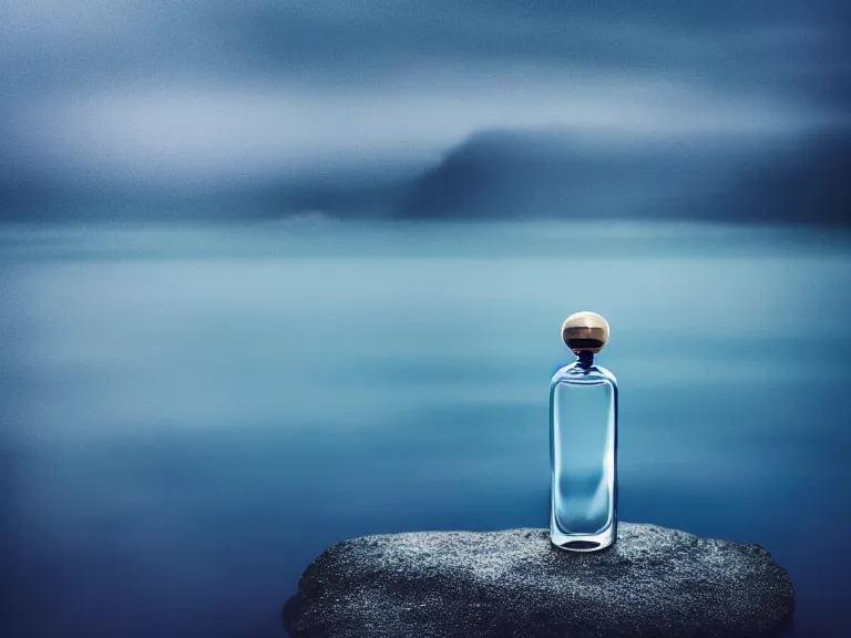 Image similar to perfume bottle standing on lilpadss in a deep blue pond ; 4 style of nicholas fols, 2 0 0 mm, mute dramatic colours, soft blur outdoor stormy sea background, volumetric lighting, hyperrealistic