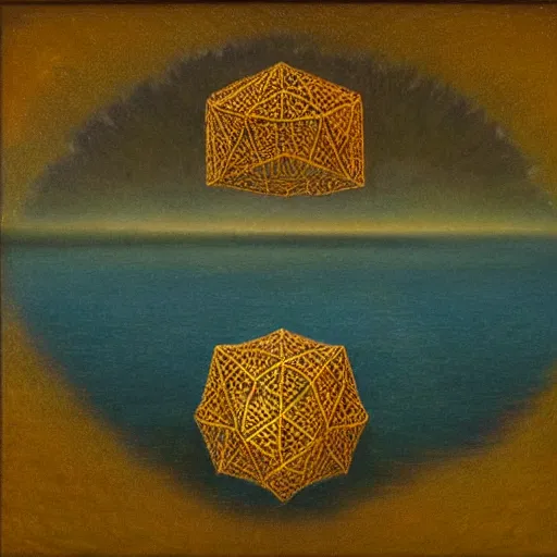 Image similar to a highly detailed oil painting of an icosahedron floating above a reflective lake, Agostino Arrivabene