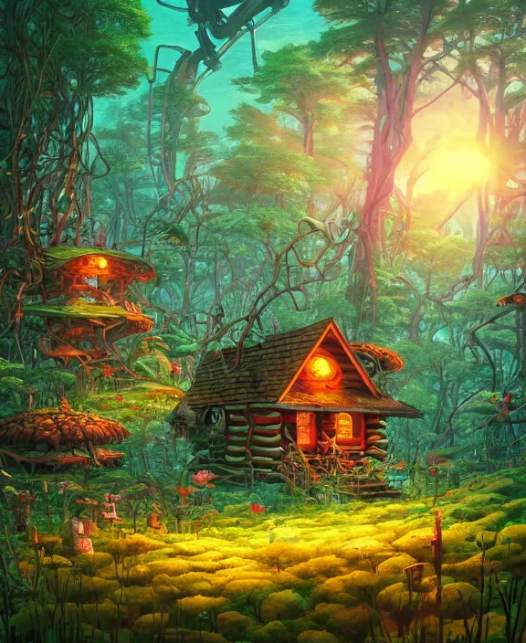 Image similar to a whimsical cabin made from robots, overgrown with huge exotic fungus, deep in the woods, cheerful, sunrise, by dan mumford, yusuke murata, makoto shinkai, ross tran, underwater, hellish, cinematic, unreal engine, cel shaded, featured on artstation, pixiv