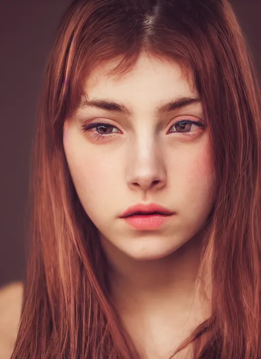 Prompt: Close-up portrait photo of a beautiful girl with light brown hair with red highlights , Cinematic Lighting , Low-key light, flash studio,one light, in the style of Lindsay Adler, dark background, high quality