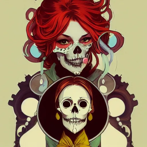 Prompt: a portrait of a girl skull face, with balloons in the style of mucha, charlie bowater, atey ghailan and mike mignola, vibrant colors and hard shadows and strong rim light, comic cover art, trending on artstation