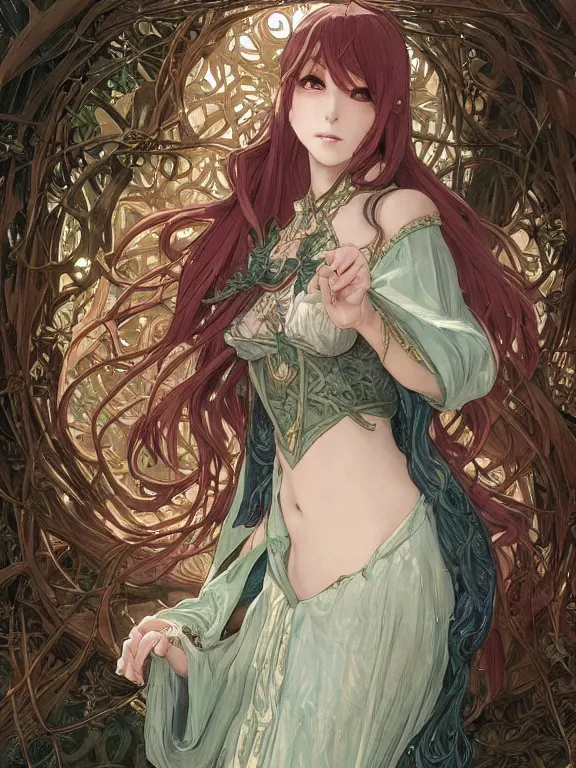 Image similar to anime key visual of amora the enchantress wearing a medieval gown!! intricate, magical forest, stunning, highly detailed, digital painting, artstation, smooth, hard focus, illustration, art by artgerm and greg rutkowski and alphonse mucha