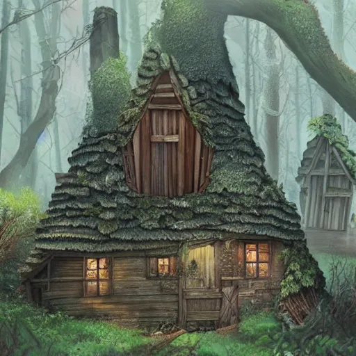 Prompt: Ultra realistic illustration of a ramshackle multistory fairytale hut in the forest