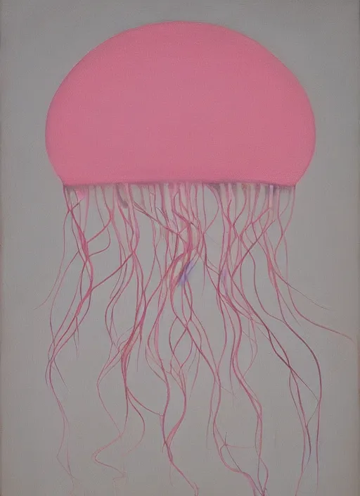 Prompt: pink jellyfish with minimalistic and aesthetic geometric shapes and patterns, muted color palette, symmetric, symbolist, abstract, spiritual art painting by Hilma At Klint