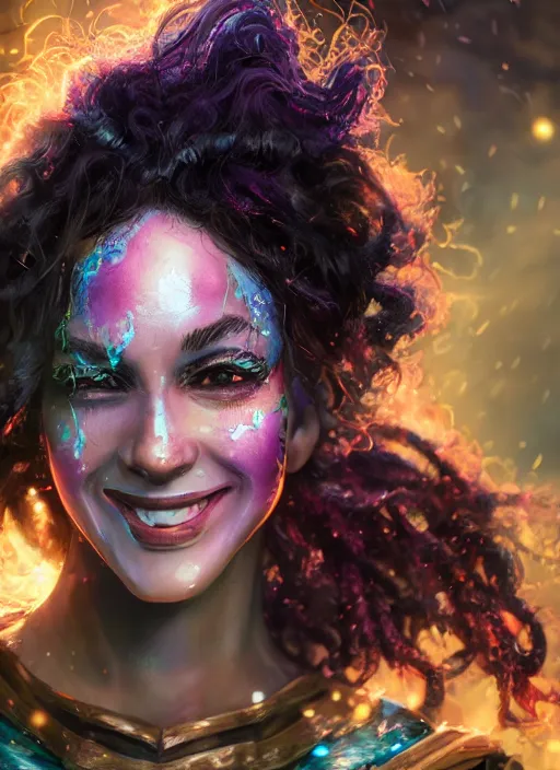 Image similar to an epic fantasy comic book style portrait painting of a girl wearing colorful makeup with a smile and curly brown hair stepping out of a doorway with light shining behind her, unreal 5, daz, hyperrealistic, octane render, cosplay, rpg portrait, dynamic lighting