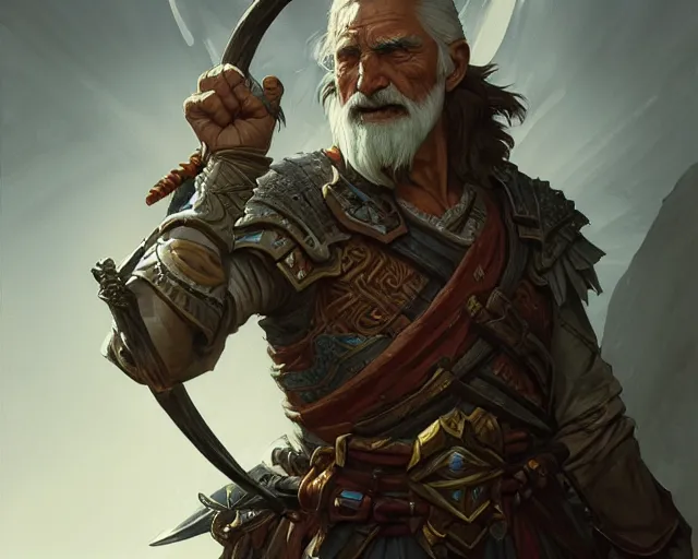Prompt: old warrior holding his sword in front of his face, deep focus, d & d, fantasy, intricate, elegant, highly detailed, digital painting, artstation, concept art, matte, sharp focus, illustration, hearthstone, art by artgerm and greg rutkowski and alphonse mucha