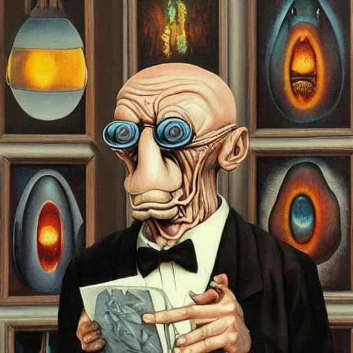 Image similar to professor farnsworth from futurama, painting, art by h. r. giger