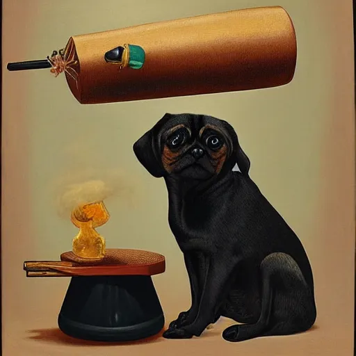 Image similar to portrait of a drunk and high black pugalier smoking a joint, painting, surrealism, extreme detail