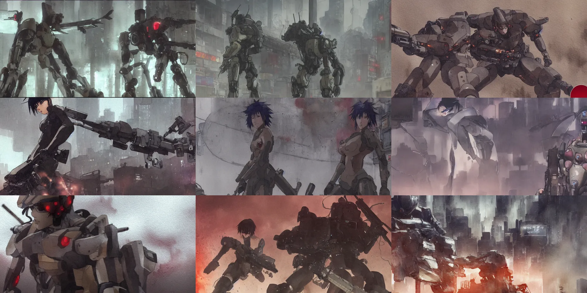 Prompt: incredible screenshot, simple watercolor, masamune shirow ghost in the shell movie scene close up broken Kusanagi tank battle, brown mud, dust, tank with legs, robot arm, ripped to shreds, beautiful emotional face shot ,light rain, red katakana advertisements on buildings, hd, 4k, remaster, dynamic camera angle, deep 3 point perspective, fish eye, dynamic scene