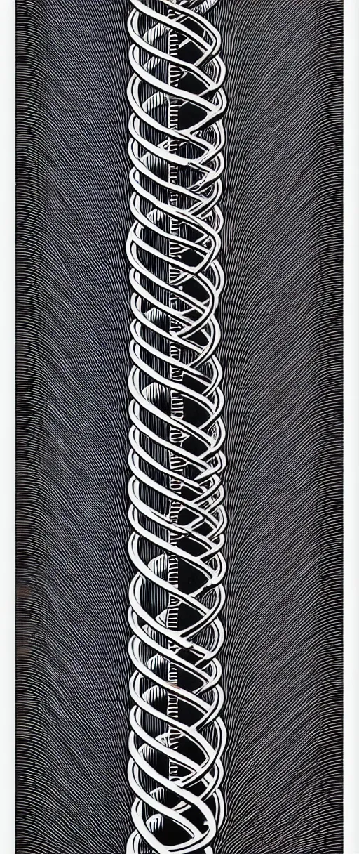 Prompt: a double helix dna strand futuristic carved pillar, high details, lineart, by vincent di fate, inking, etching, screen print, masterpiece, trending on artstation, sharp, high contrast, hyper - detailed,, hd, 4 k, 8 k