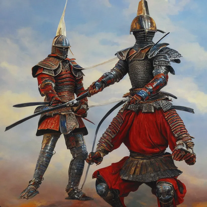 Image similar to a oil painting of an Knight/samurai in a battle ready pose in the style of Jean Giraud detailed realistic High Resolution HD 8k in color