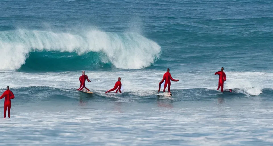 Image similar to devil worshippers in robes belonging to the cult of the ocean surfing in waves, standing on surfboards, surfing inside one large barreled wave, high detailed colors, blue