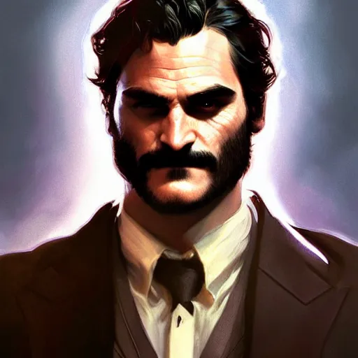 Image similar to handsome Joaquin Phoenix as batman, western, closeup, D&D, fantasy, intricate, elegant, highly detailed, digital painting, artstation, concept art, matte, sharp focus, illustration, art by Artgerm and Greg Rutkowski and Alphonse Mucha