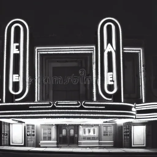Image similar to art deco movie theater palace at night, dramatic light