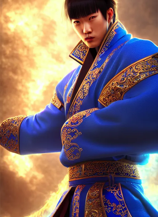 Image similar to male mongolian martial artist!!!! blue eyes!! intricate ornate blue robes!! character concept art, sharp focus, octane render! unreal engine 5! highly rendered!! trending on artstation!! detailed linework!! illustration by artgerm, wlop, and chie yoshii